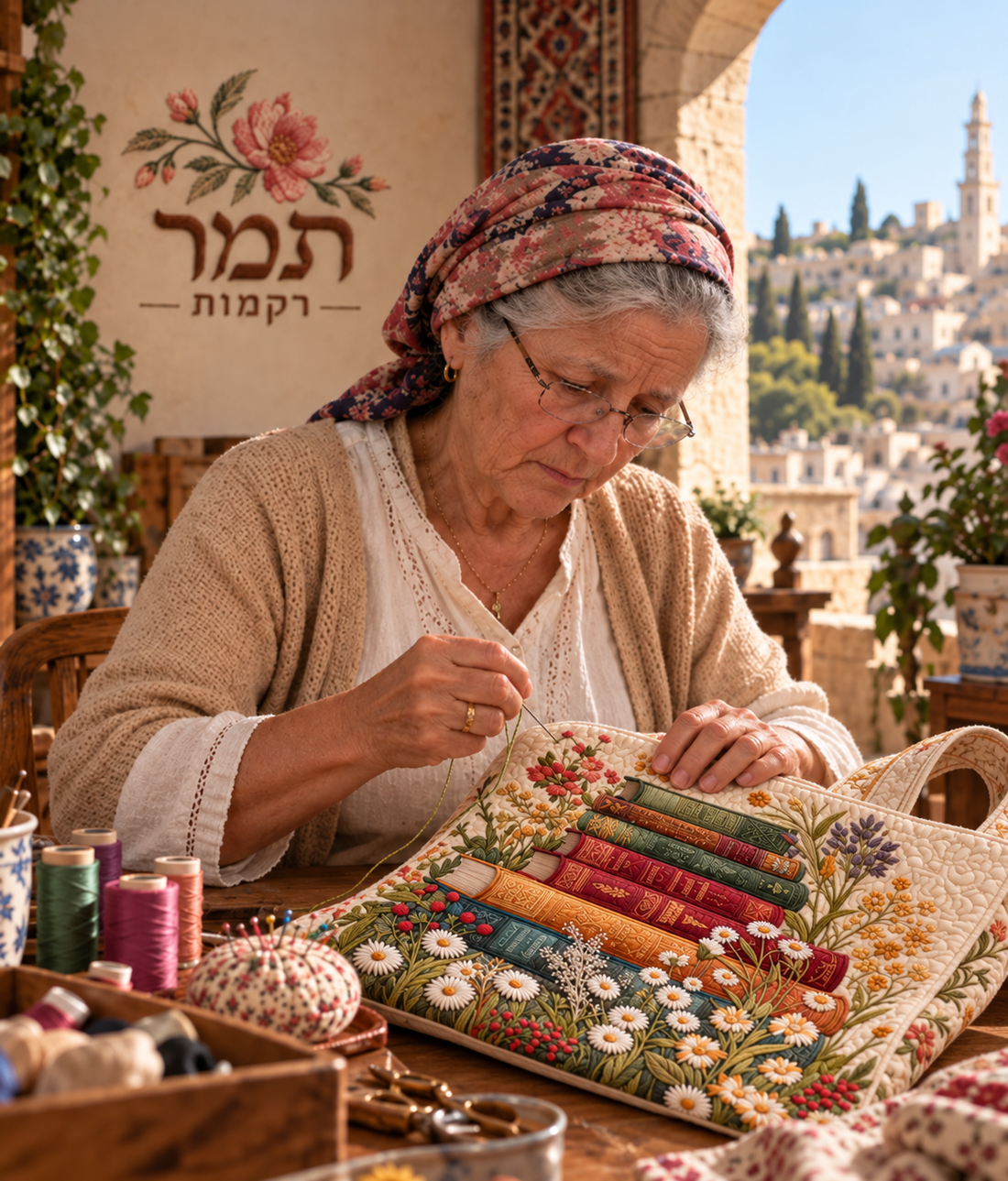 תיק בעבודת יד של תמר רקמות, בשימוש יומיומי
